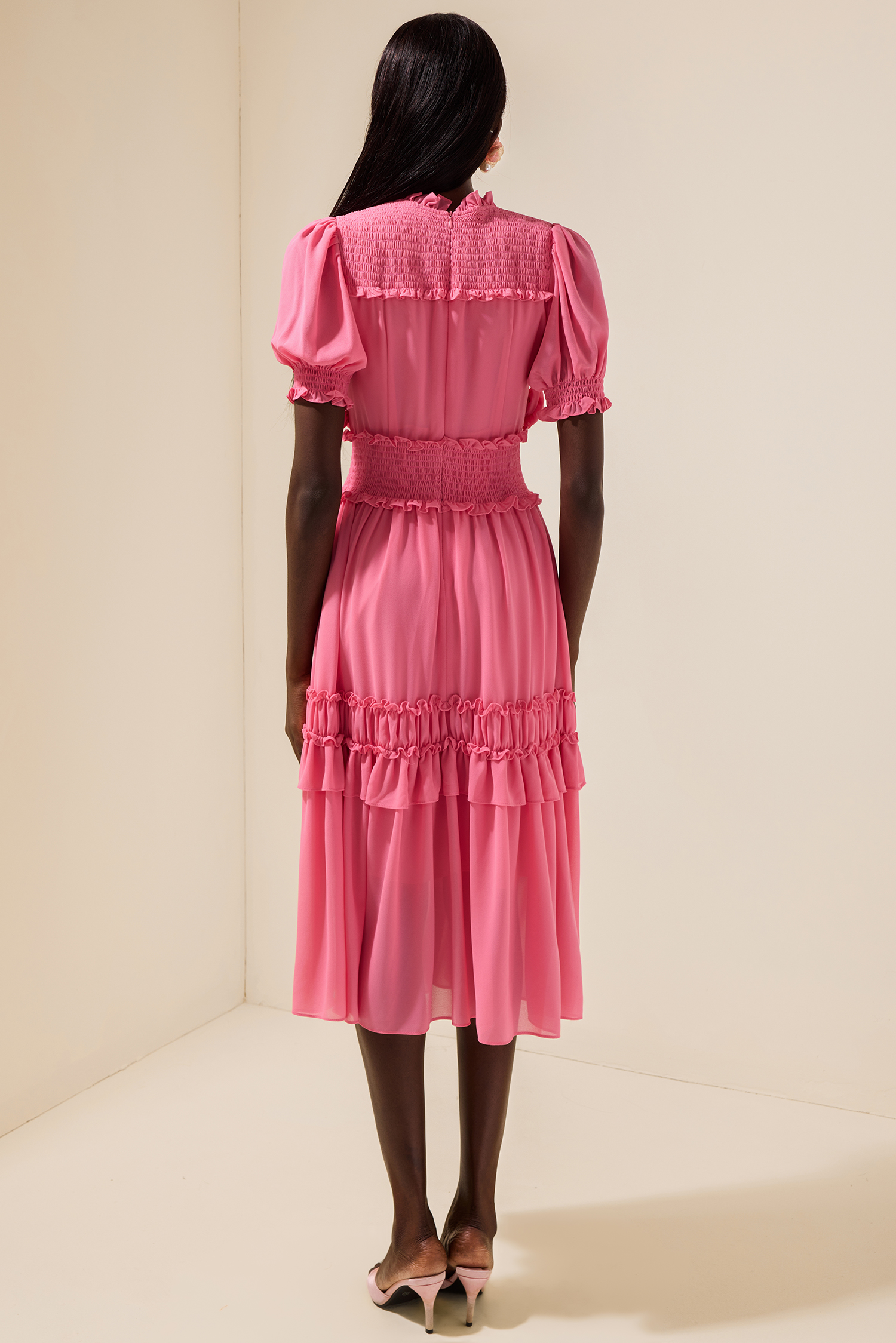 Chiffon 3D Flower Smocking Frill Midi Dress