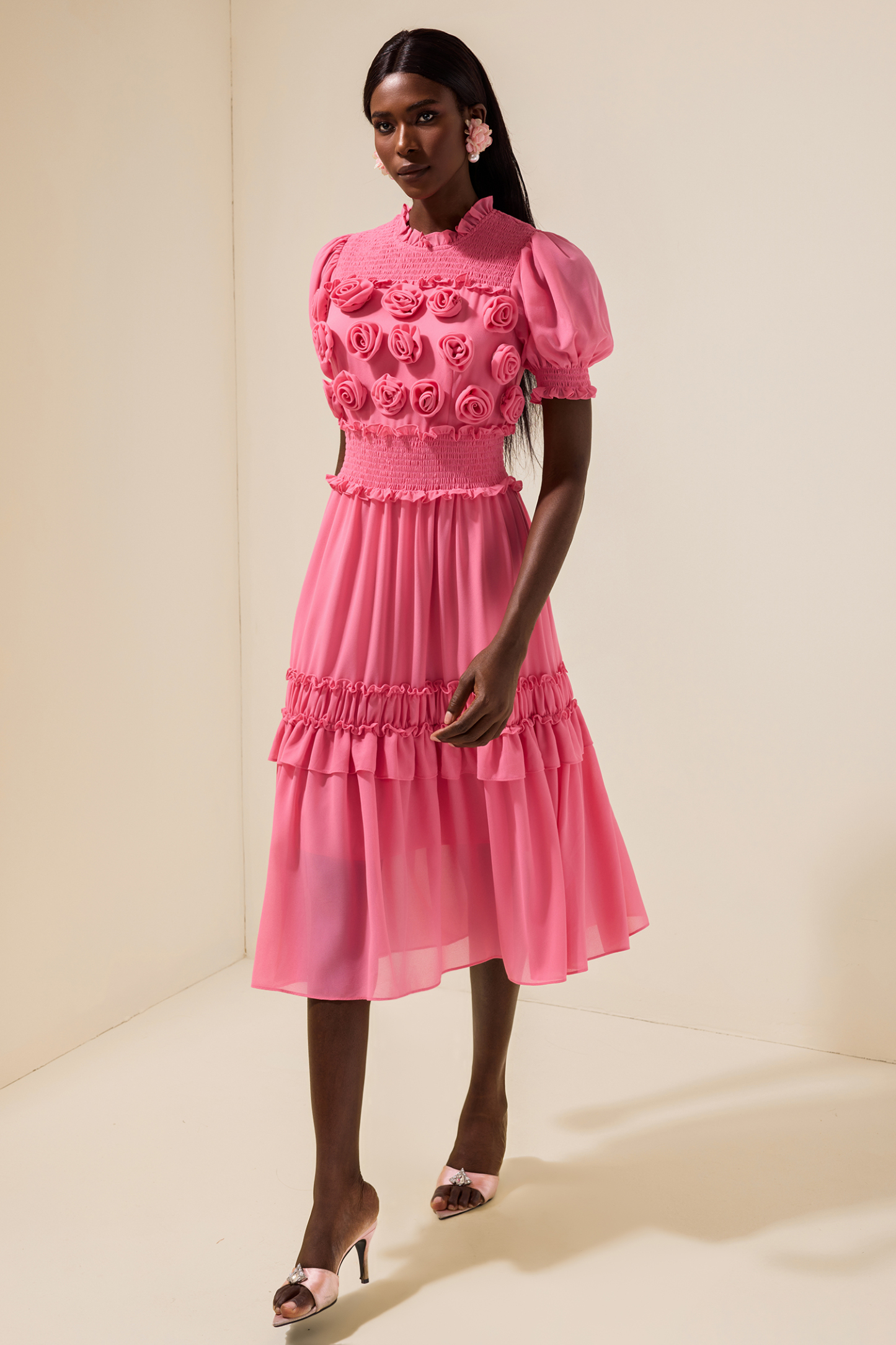 Chiffon 3D Flower Smocking Frill Midi Dress