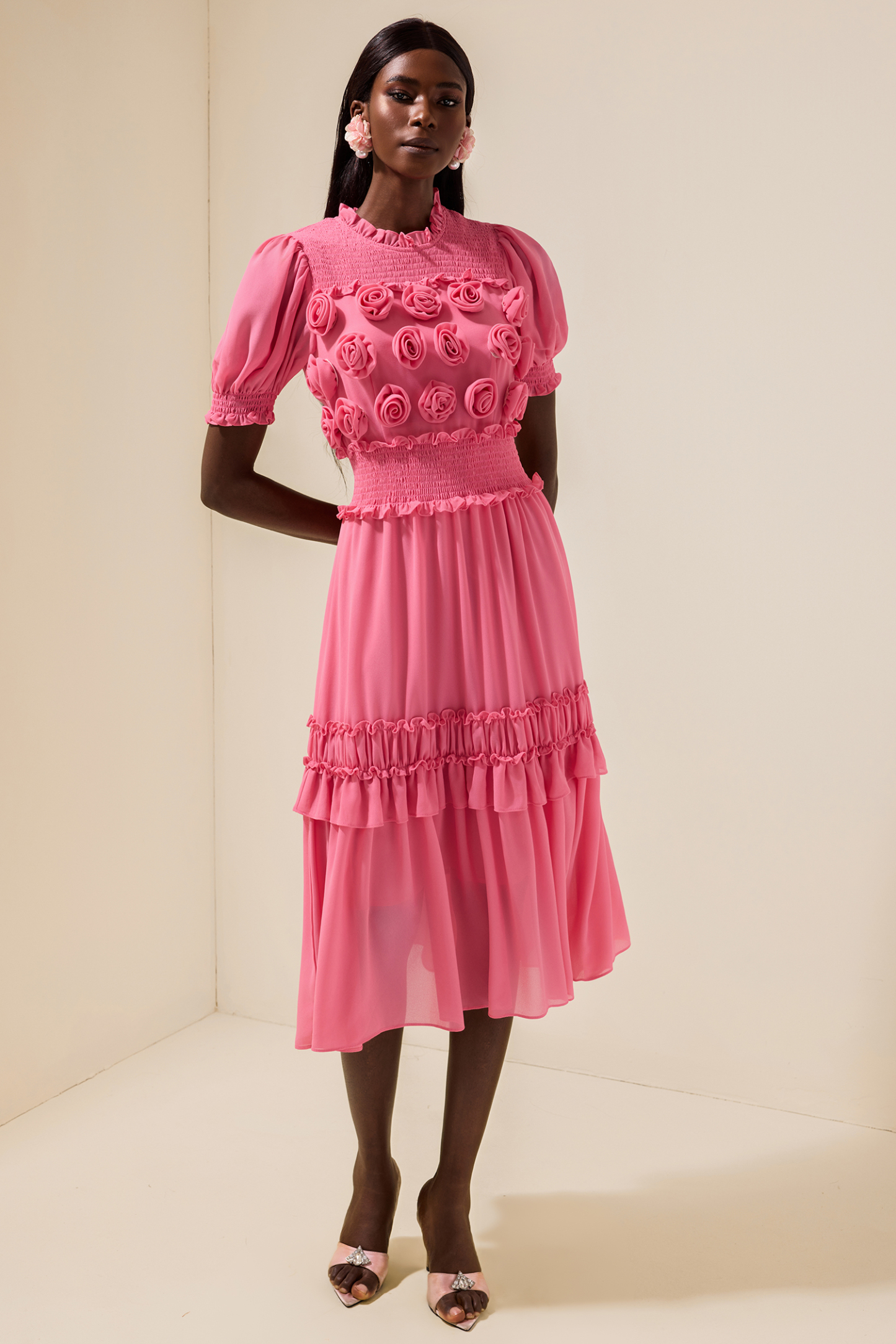 Chiffon 3D Flower Smocking Frill Midi Dress