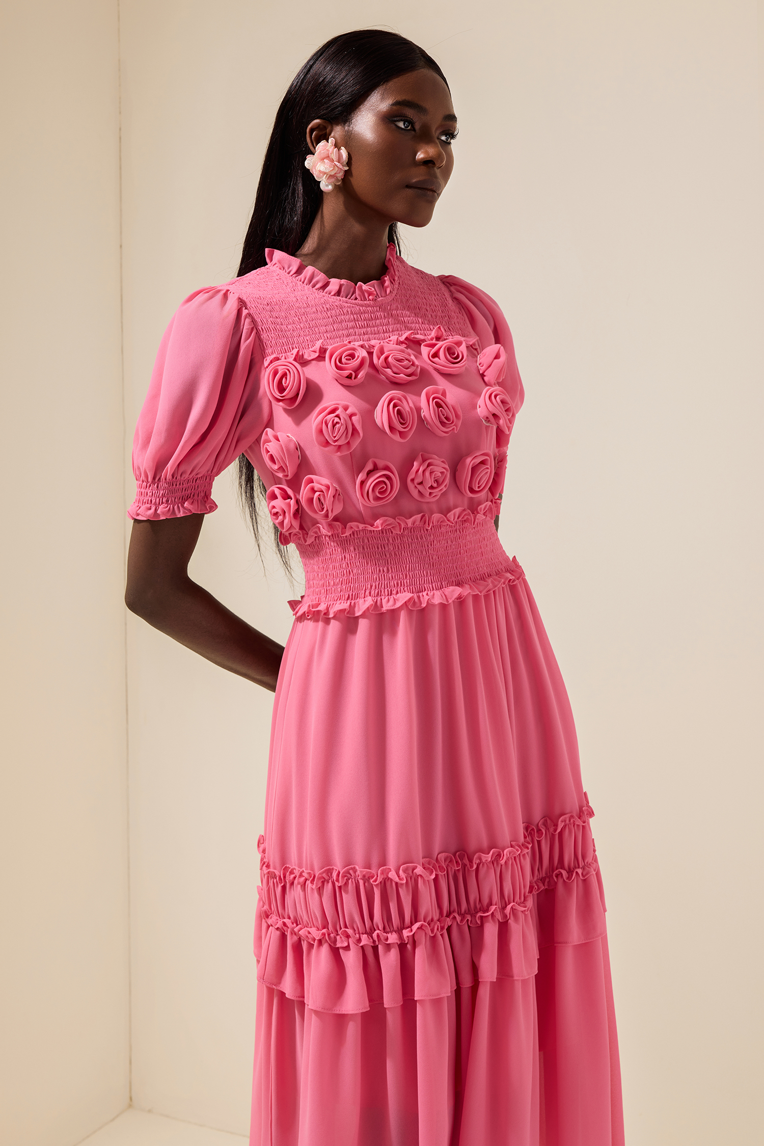 Chiffon 3D Flower Smocking Frill Midi Dress
