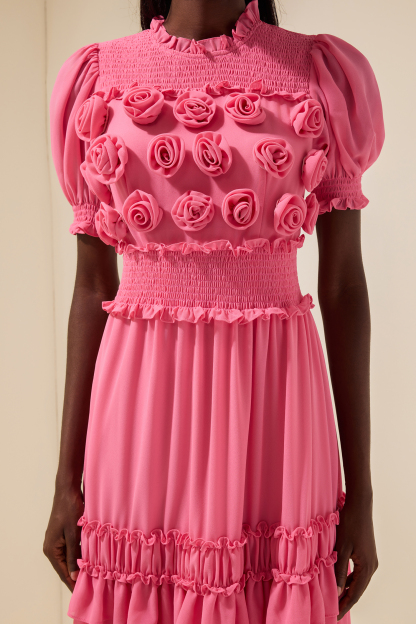 Chiffon 3D Flower Smocking Frill Midi Dress