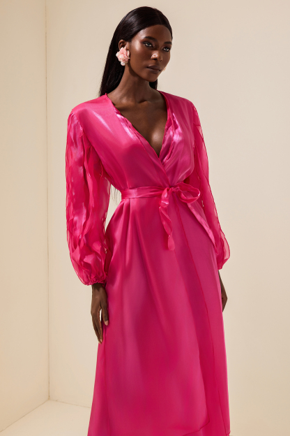 Satin Bow Frill Wrap Midi Dress