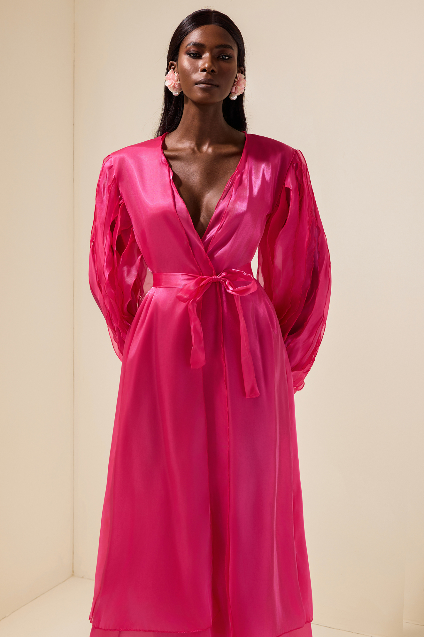 Satin Bow Frill Wrap Midi Dress