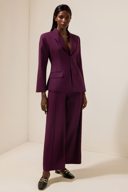 Solid Tailored Collar Blazer & High Waist Loose Pants Set