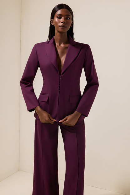 Solid Tailored Collar Blazer & High Waist Loose Pants Set