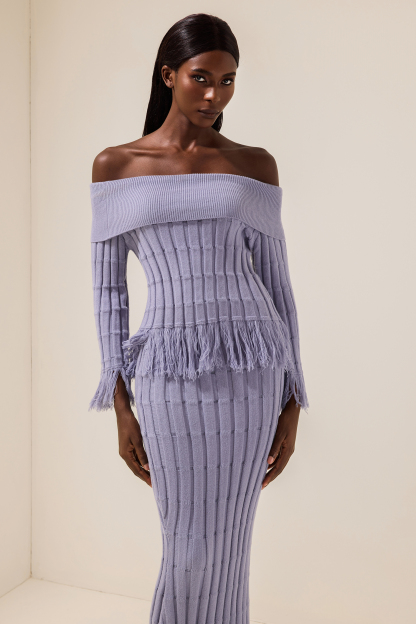 Jersey Off-Shoulder Long Sleeve Top & Tassel High Waist Midi Skirt Set