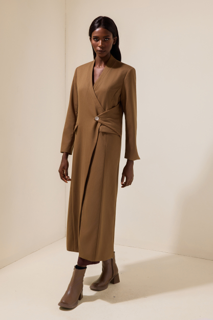 Woolen Long Sleeve Pocket Coat