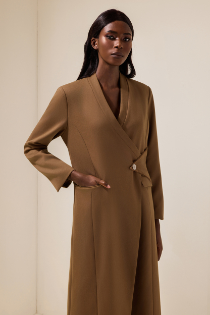 Woolen Long Sleeve Pocket Coat