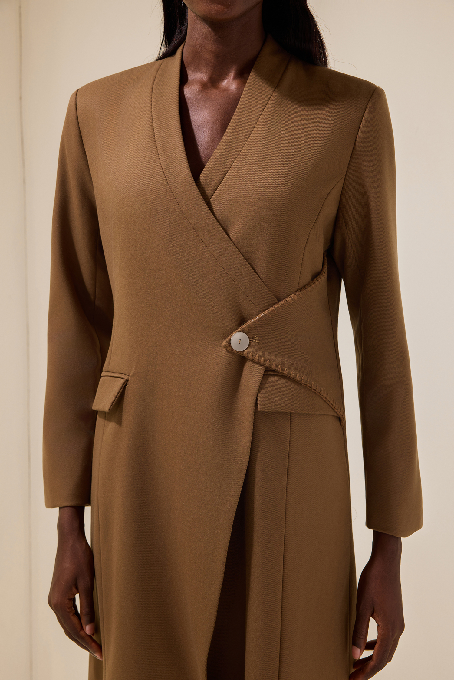 Woolen Long Sleeve Pocket Coat