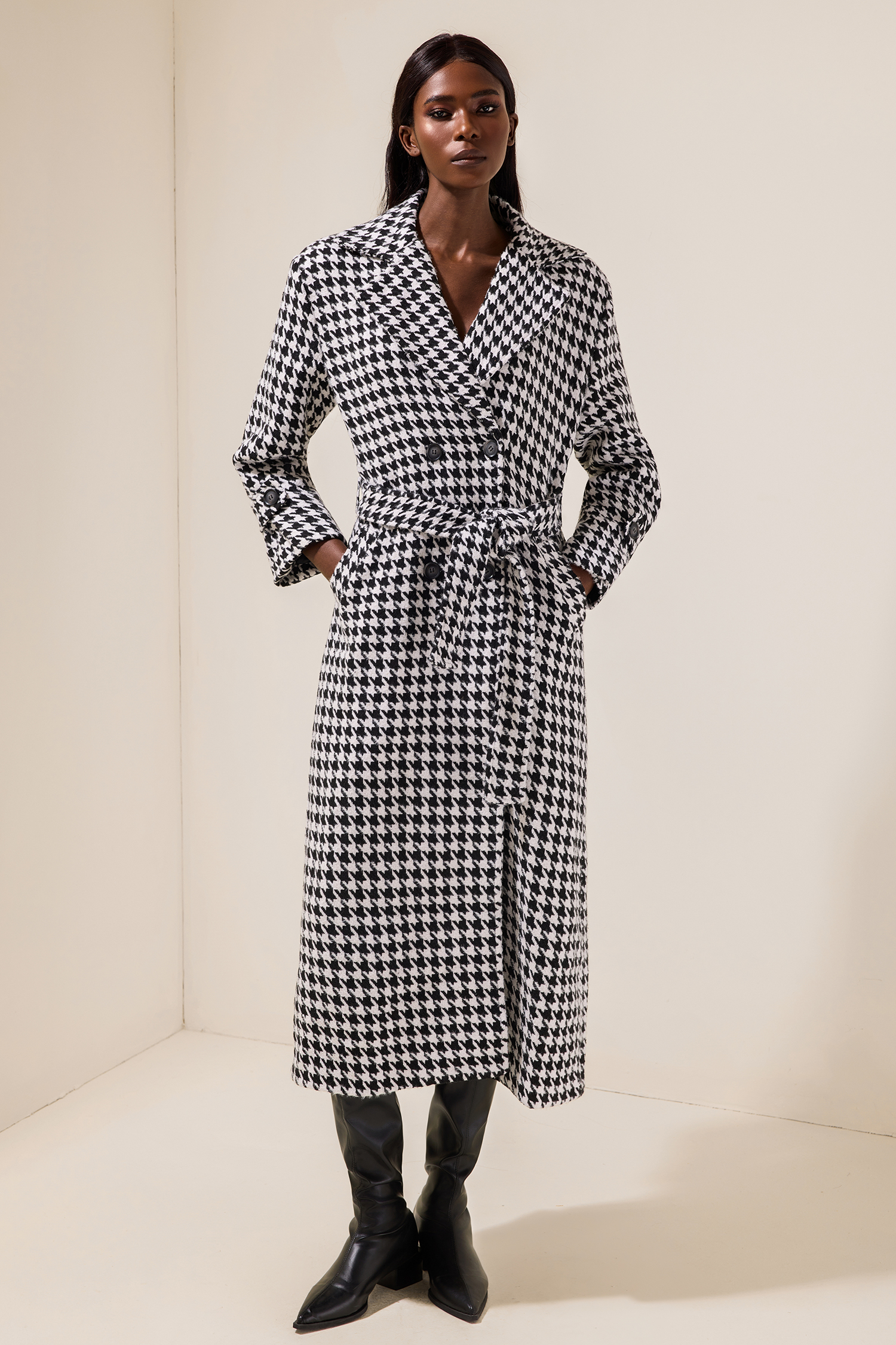 Houndstooth Long Sleeve Pocket Maxi Coat