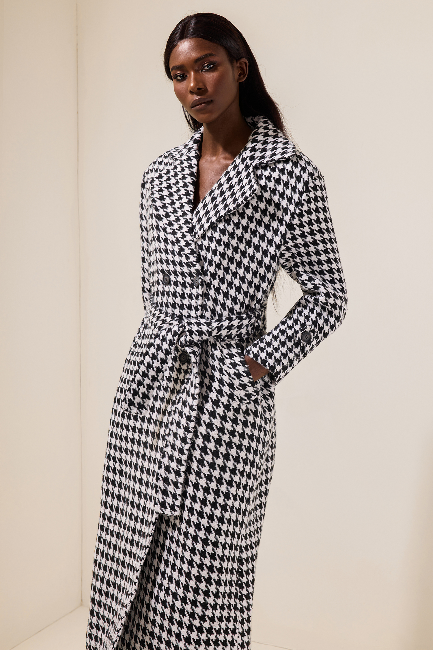 Houndstooth Long Sleeve Pocket Maxi Coat