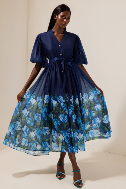 Floral V-Neck Midi Dress With Belt