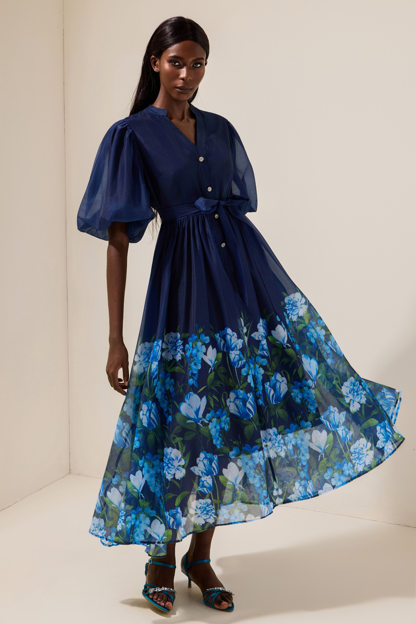 Floral V-Neck Midi Dress With Belt