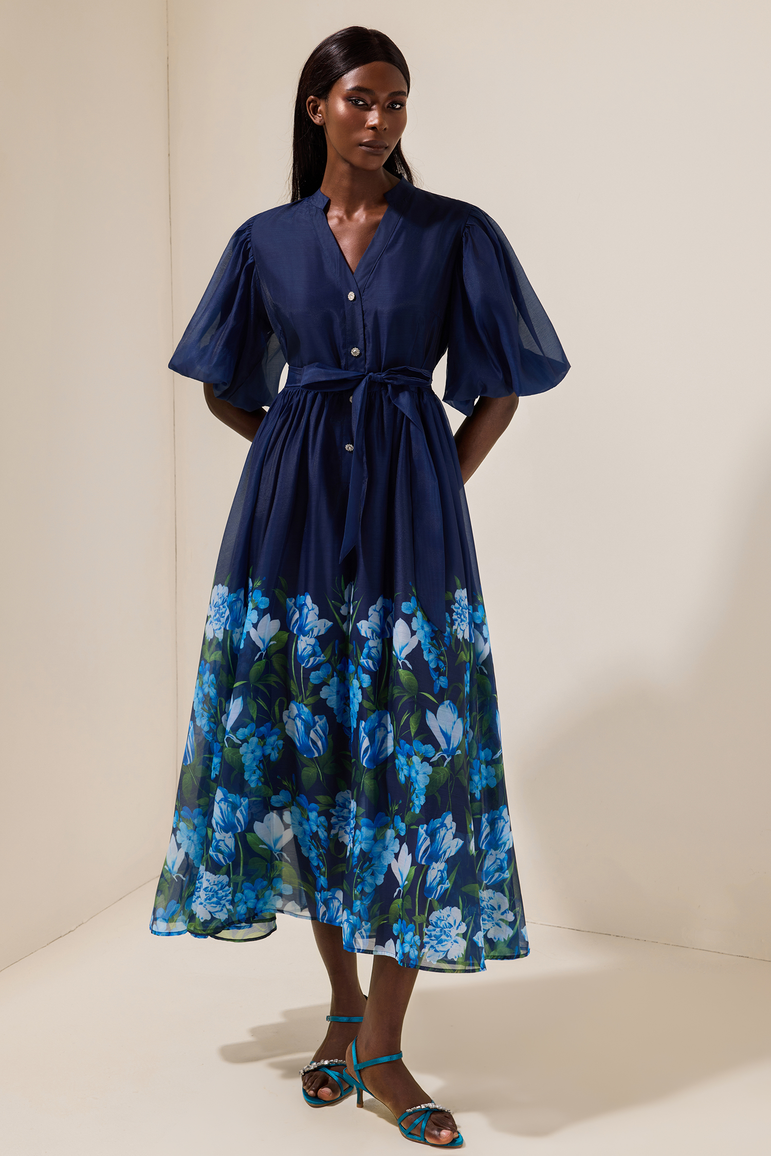 Floral V-Neck Midi Dress With Belt