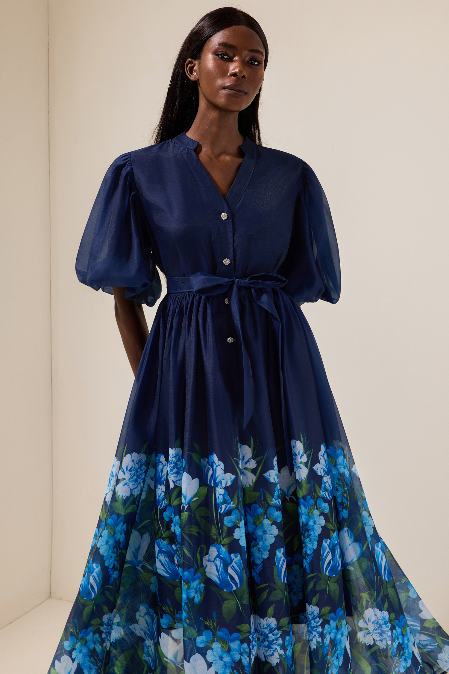 Floral V-Neck Midi Dress With Belt