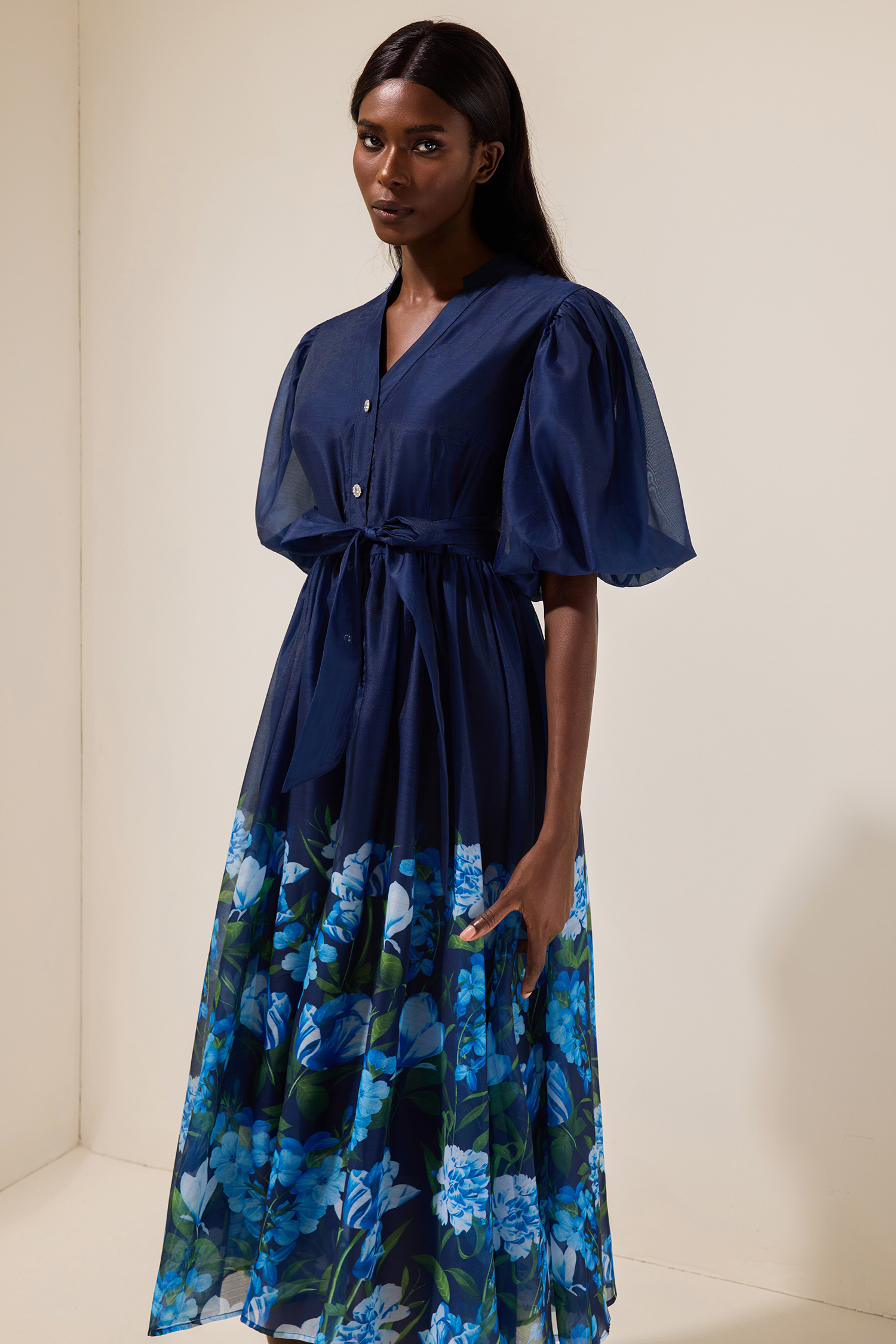 Floral V-Neck Midi Dress With Belt