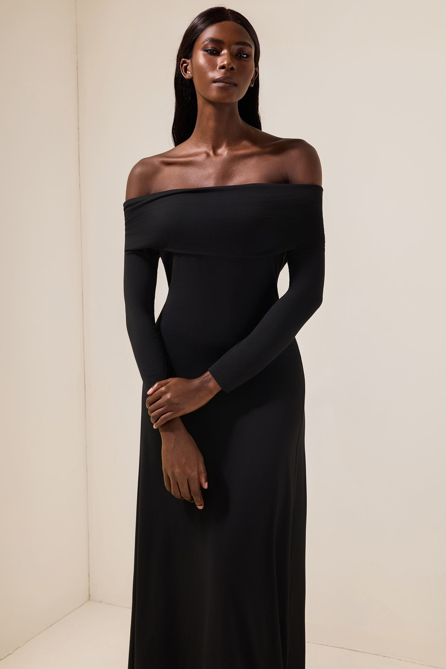 Jersey Solid Off-Shoulder Maxi Dress