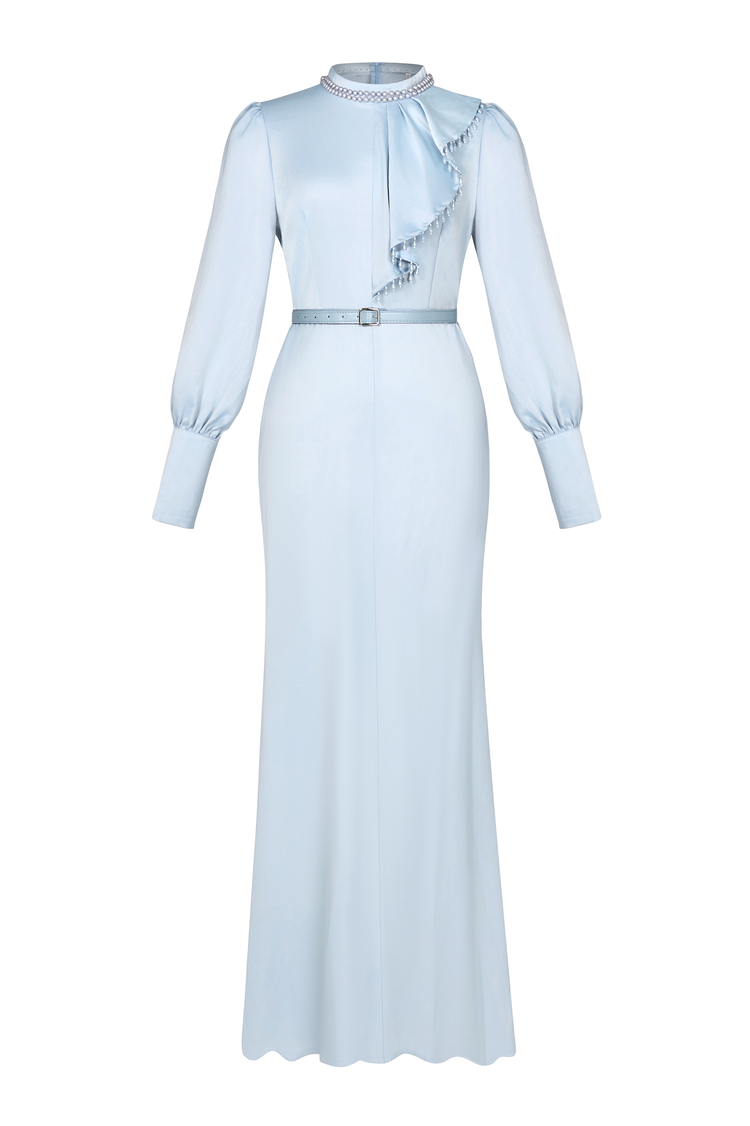 Faux Pearl Lantern Sleeve Midi Dress