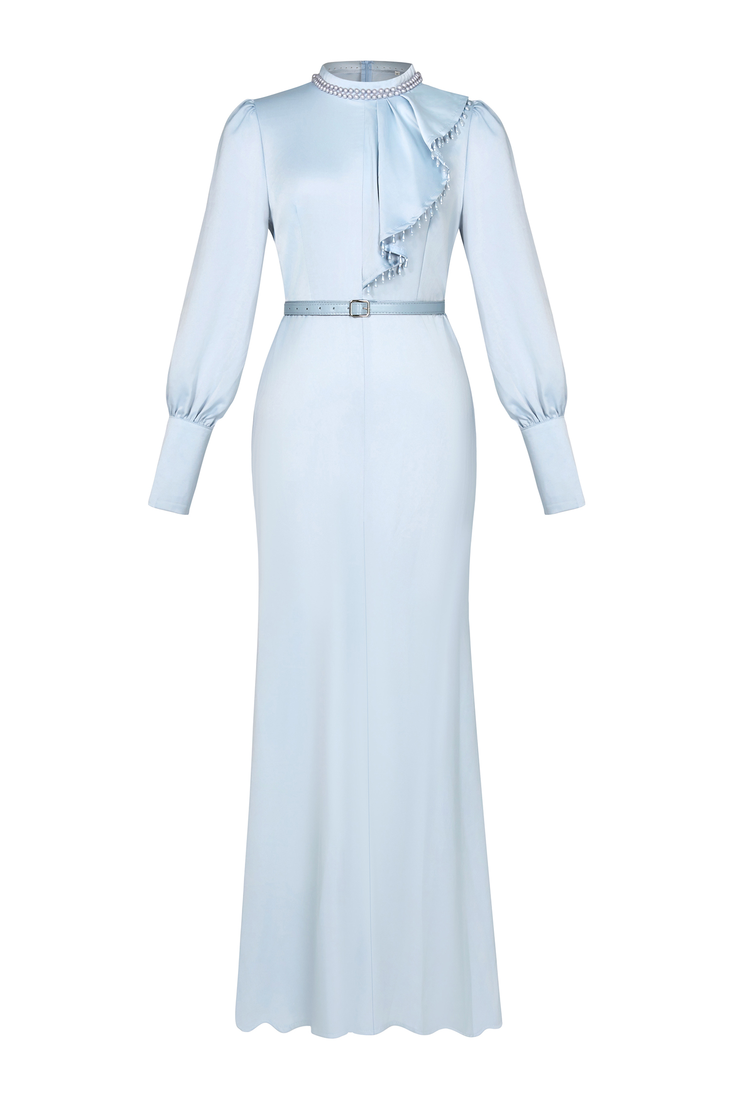 Faux Pearl Lantern Sleeve Midi Dress