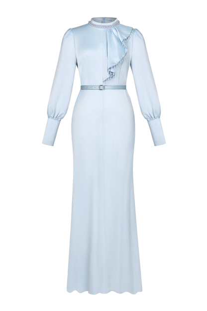 Faux Pearl Lantern Sleeve Midi Dress
