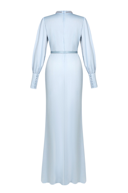 Faux Pearl Lantern Sleeve Midi Dress