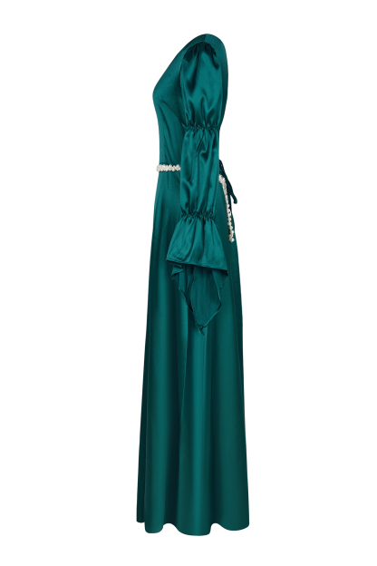 Satin Faux Pearl Round Neck Maxi Dress