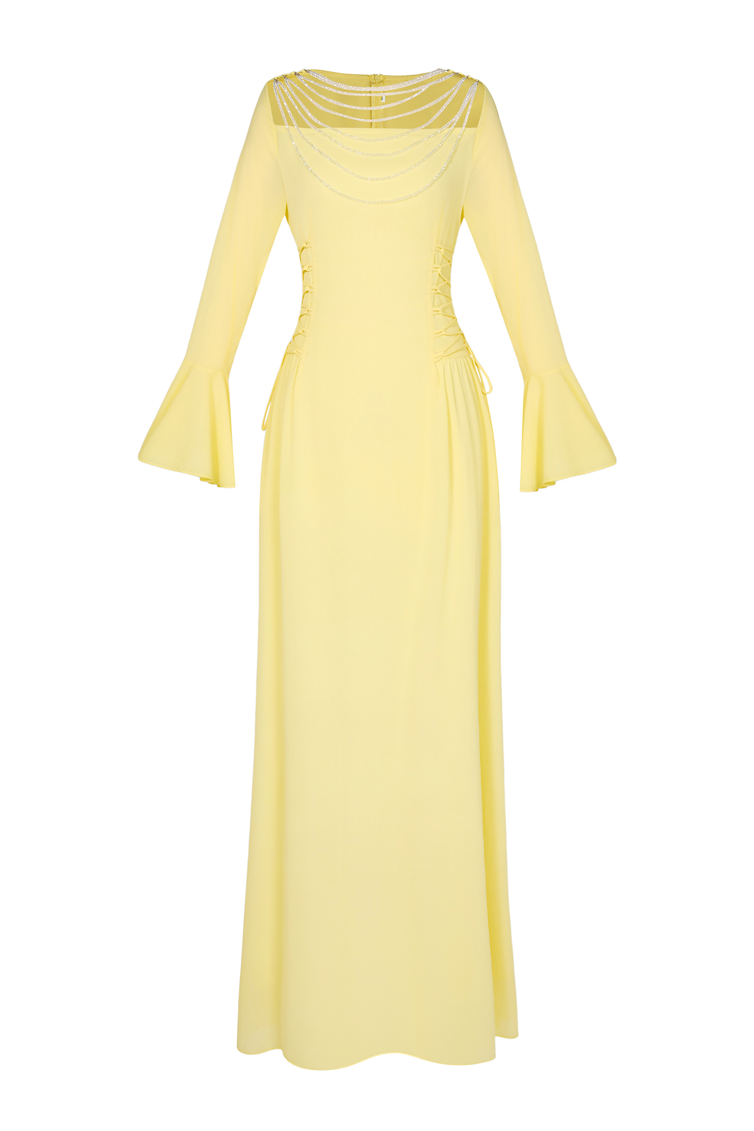 Chiffon Beaded Tie-up Frill Maxi Dress
