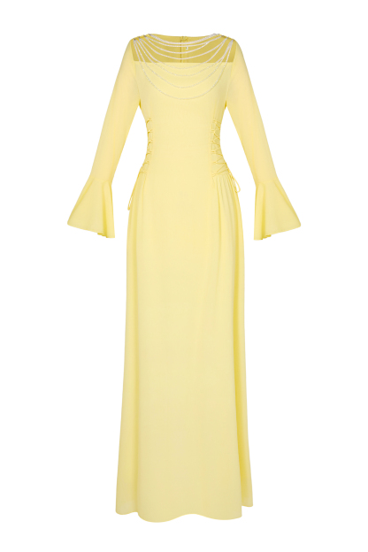 Chiffon Beaded Tie-up Frill Maxi Dress