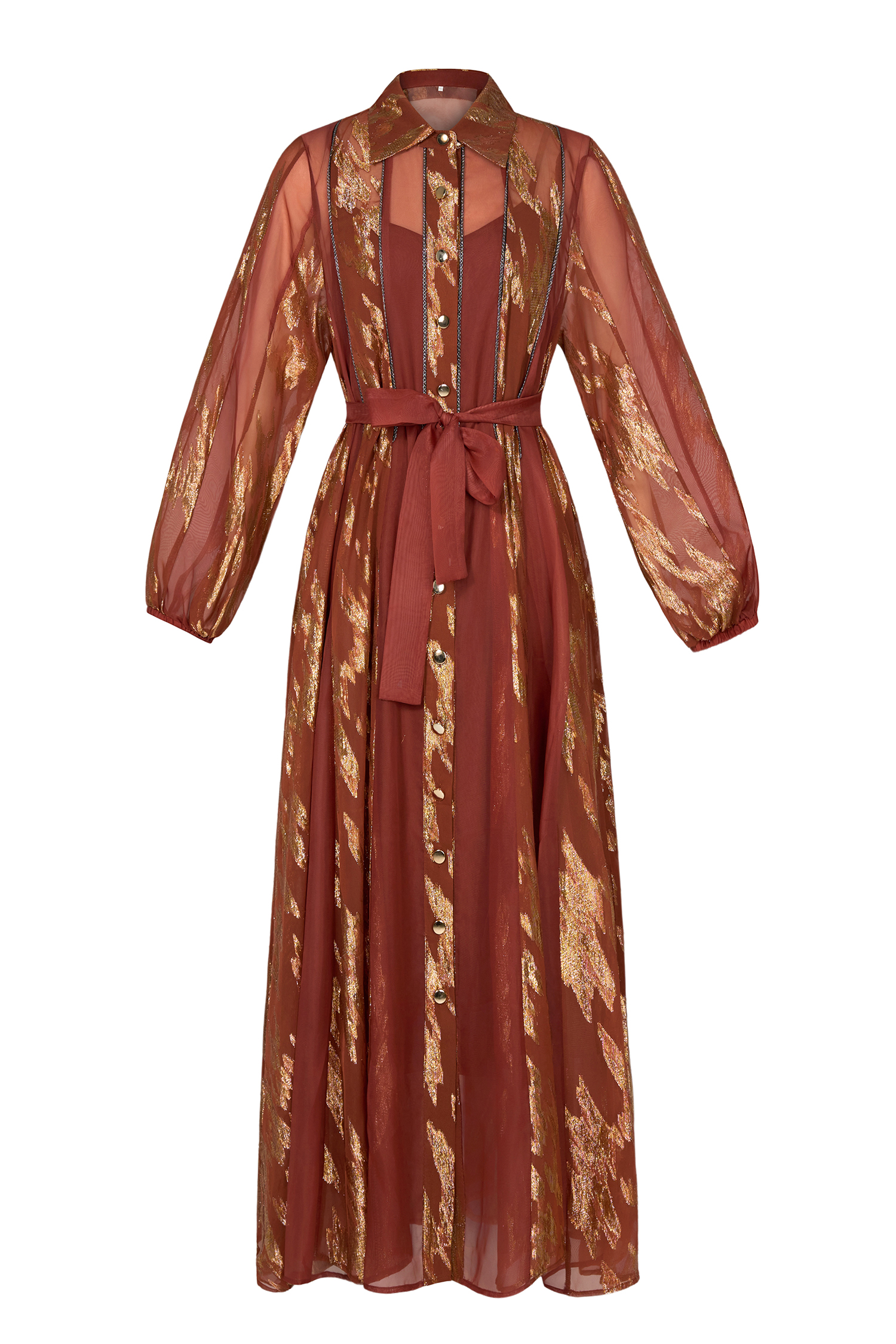 Chiffon Gold Foil Stamping Metal Single Breasted Midi Dress With Belt