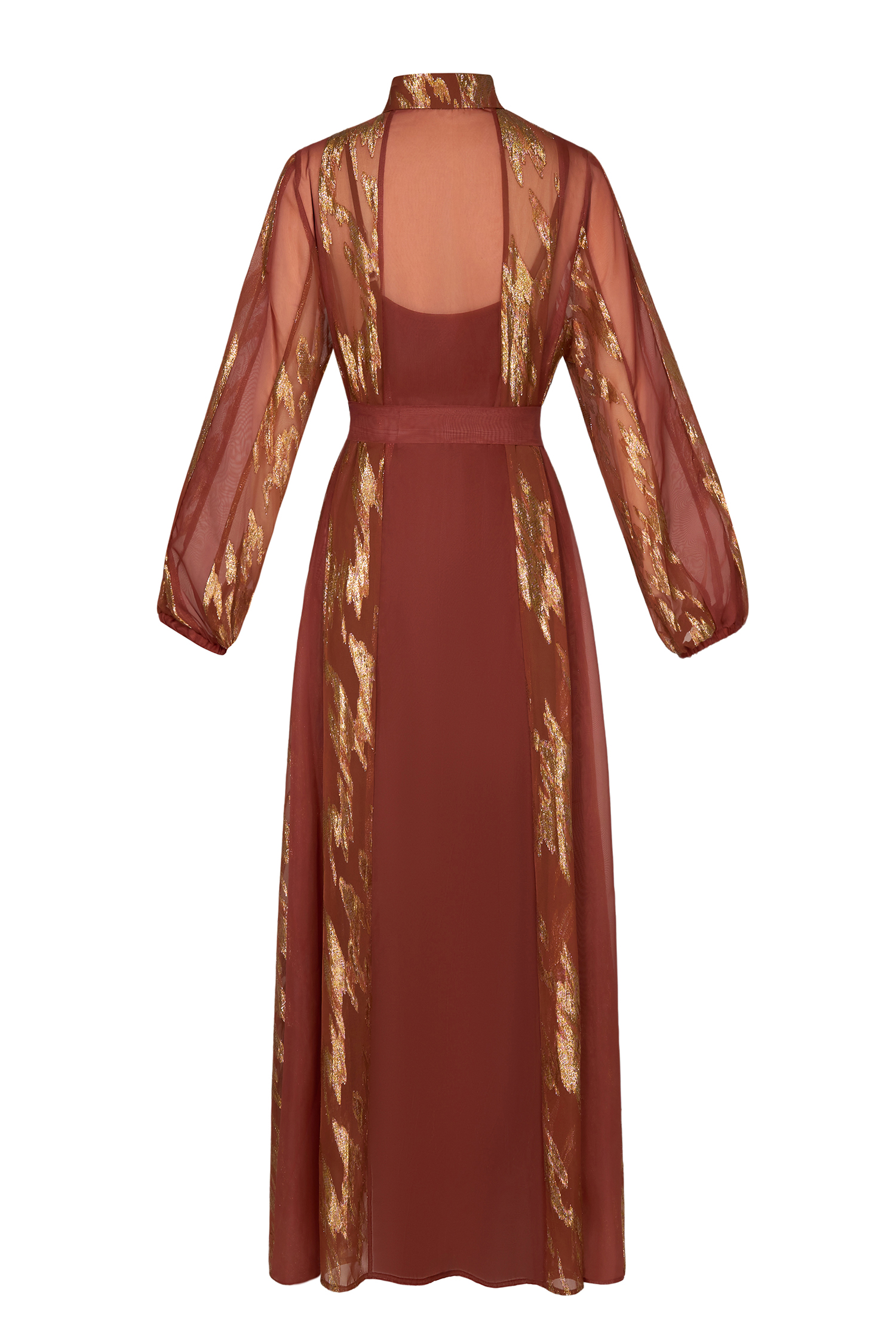 Chiffon Gold Foil Stamping Metal Single Breasted Midi Dress With Belt