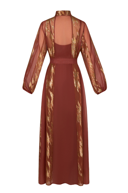 Chiffon Gold Foil Stamping Metal Single Breasted Midi Dress With Belt