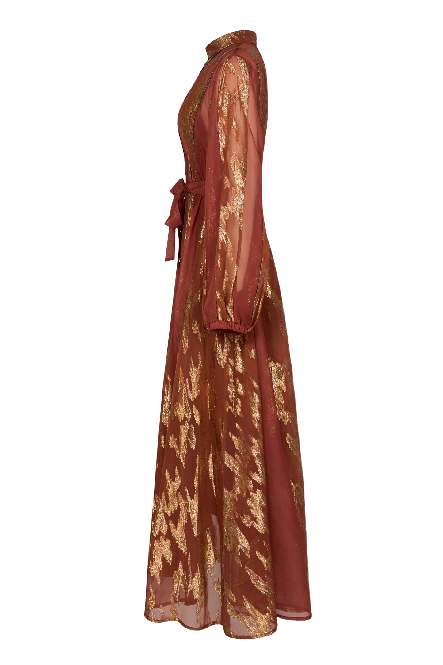 Chiffon Gold Foil Stamping Metal Single Breasted Midi Dress With Belt