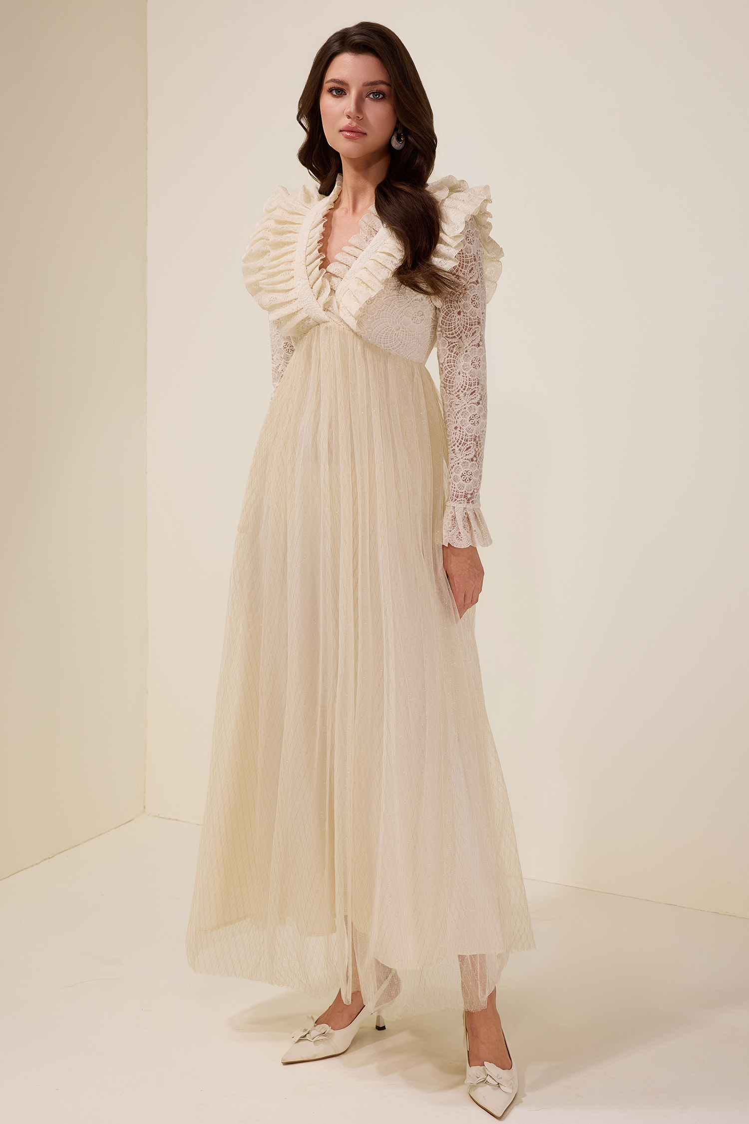 Lace Ruffle V-Neck Maxi Dress