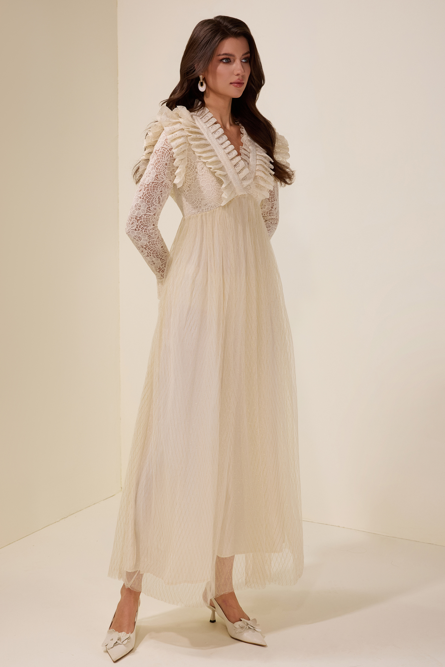 Lace Ruffle V-Neck Maxi Dress