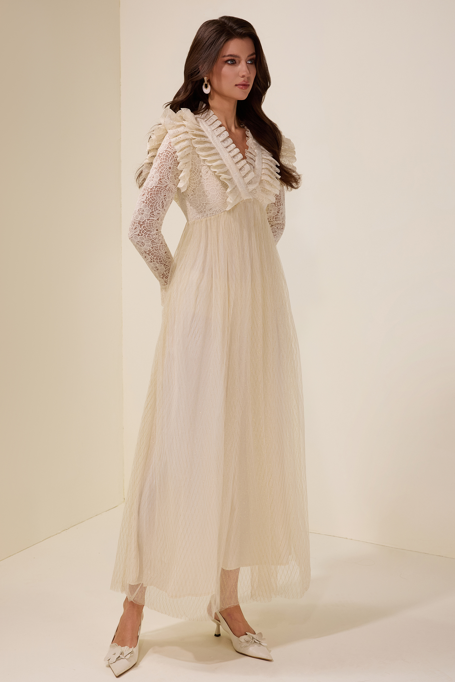 Lace Ruffle V-Neck Maxi Dress