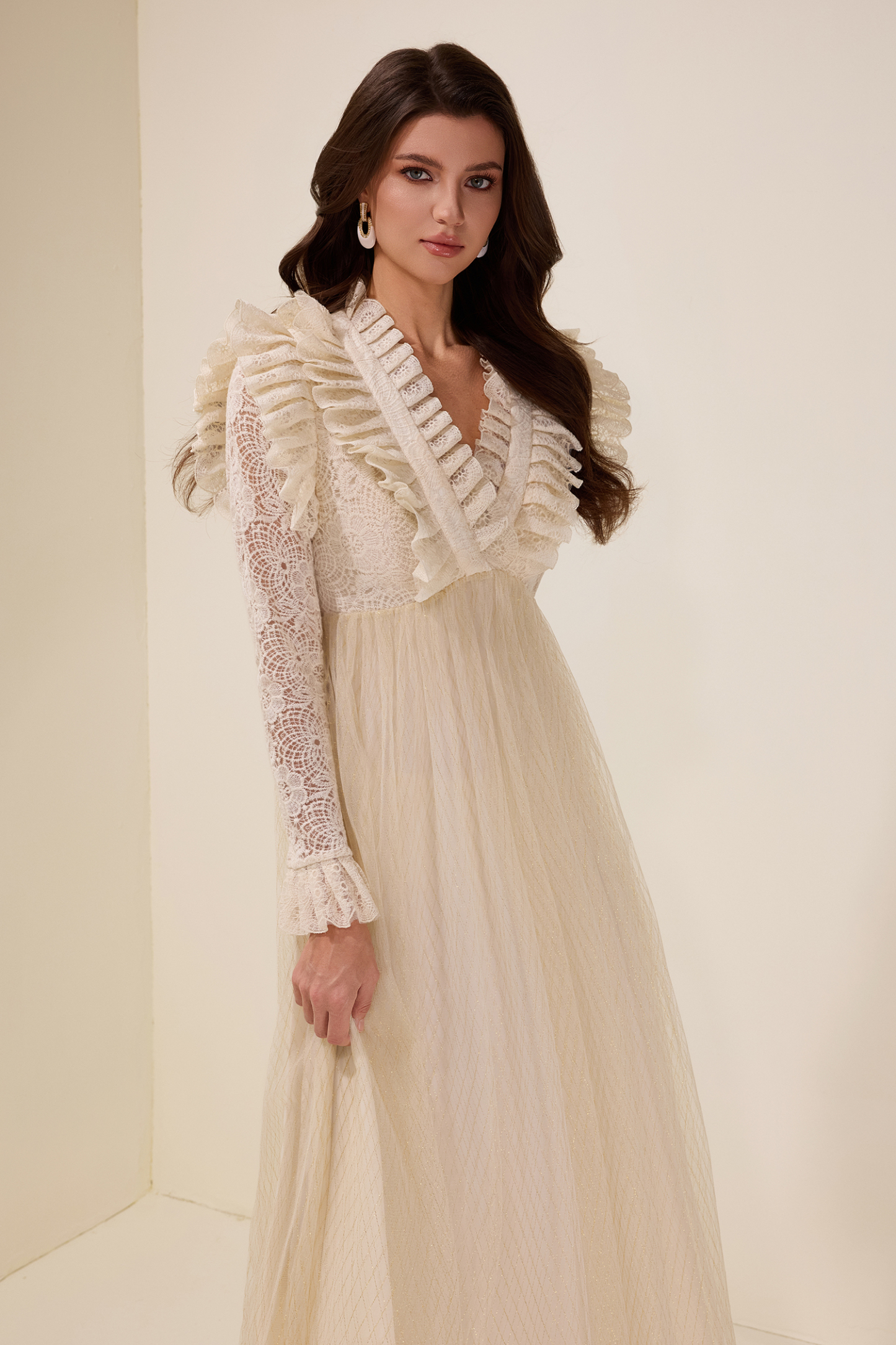 Lace Ruffle V-Neck Maxi Dress