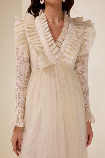 Lace Ruffle V-Neck Maxi Dress