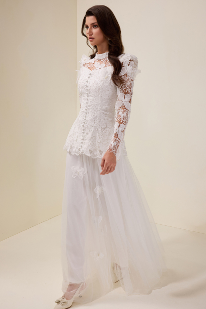 Embroidery Solid Top & Mesh Midi Skirt Set