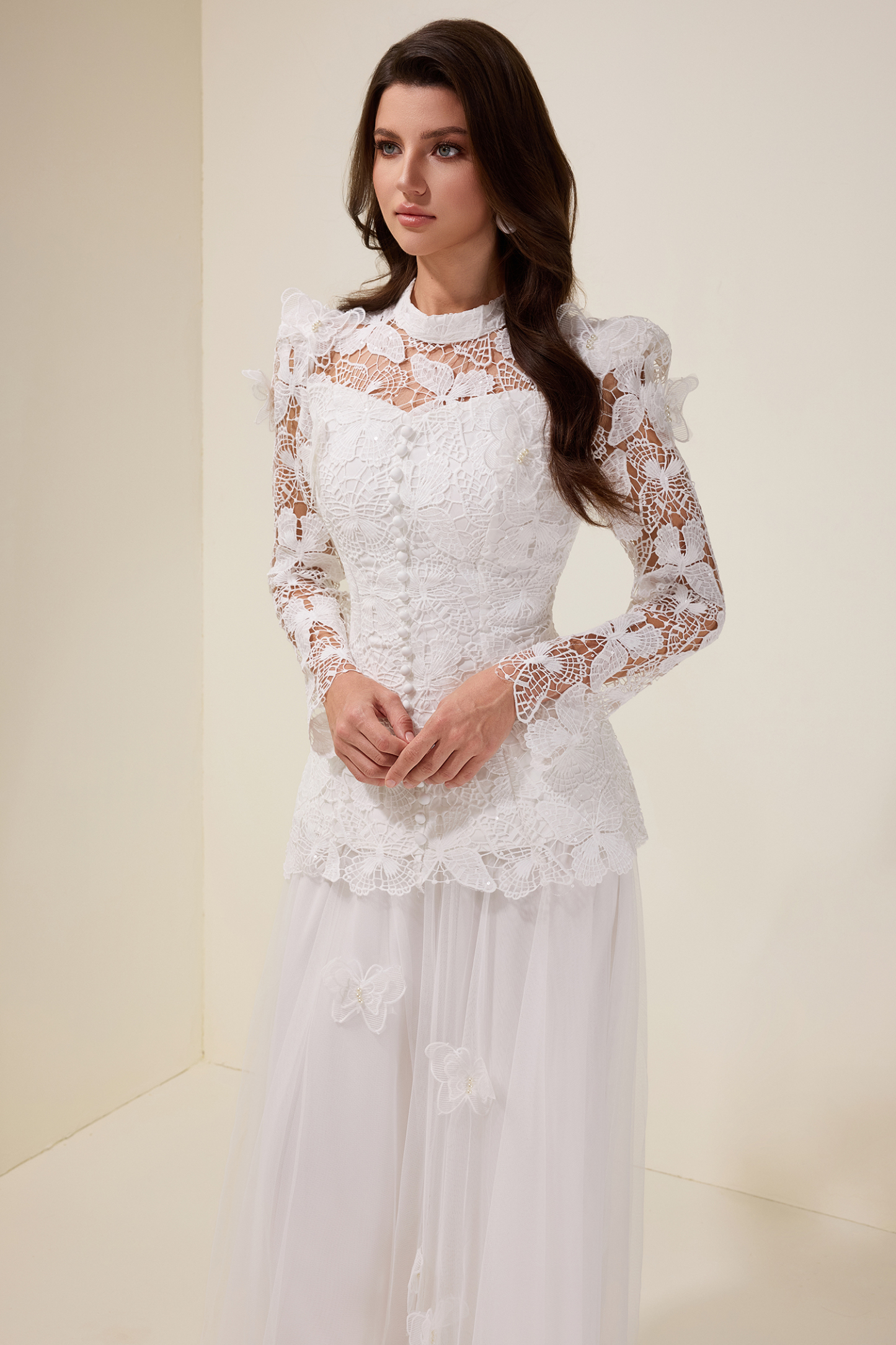 Embroidery Solid Top & Mesh Midi Skirt Set