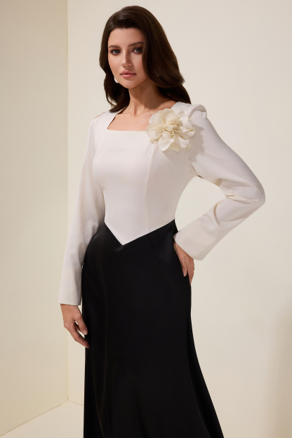 3D Flower Satin Contrast Color Midi Dress