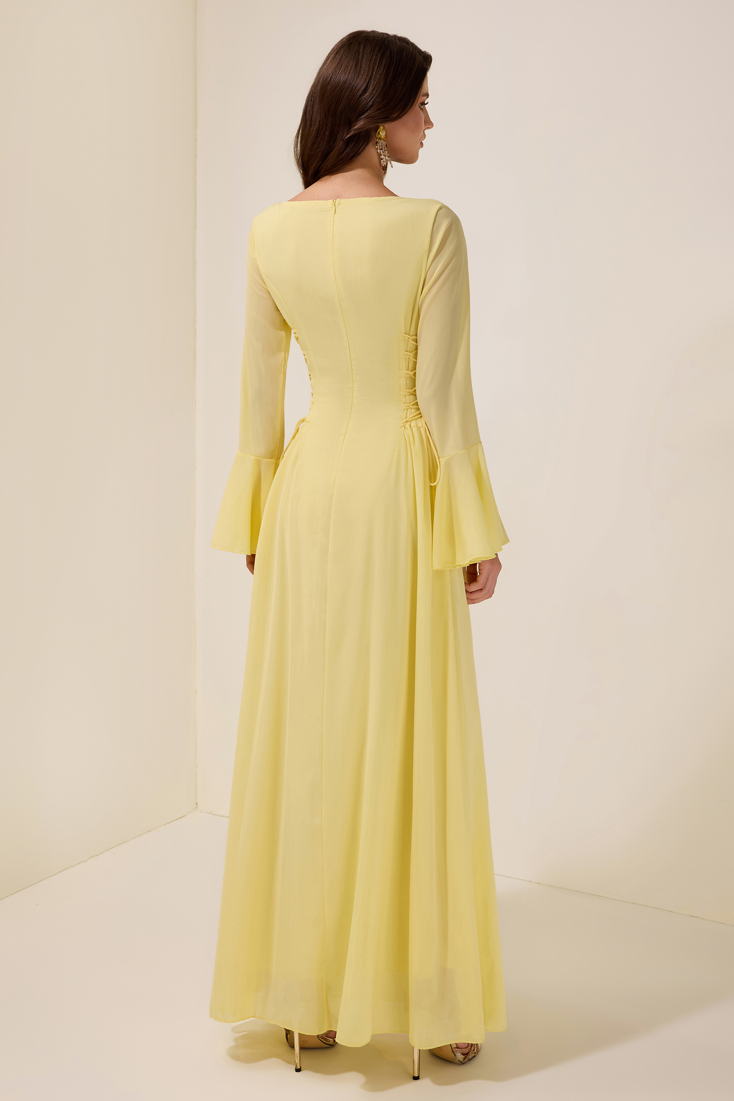 Chiffon Beaded Tie-up Frill Maxi Dress