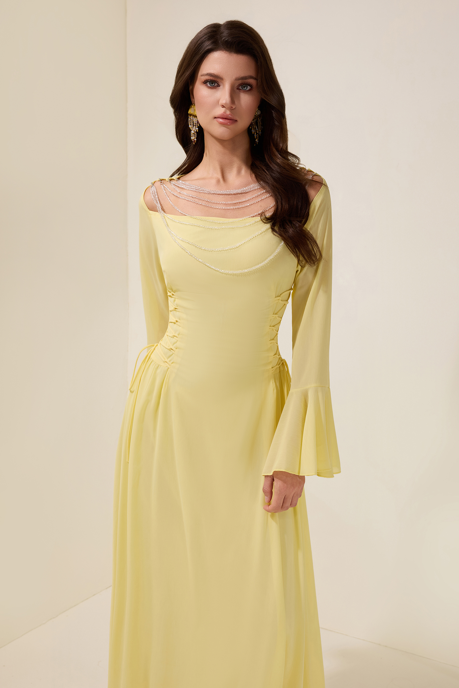 Chiffon Beaded Tie-up Frill Maxi Dress