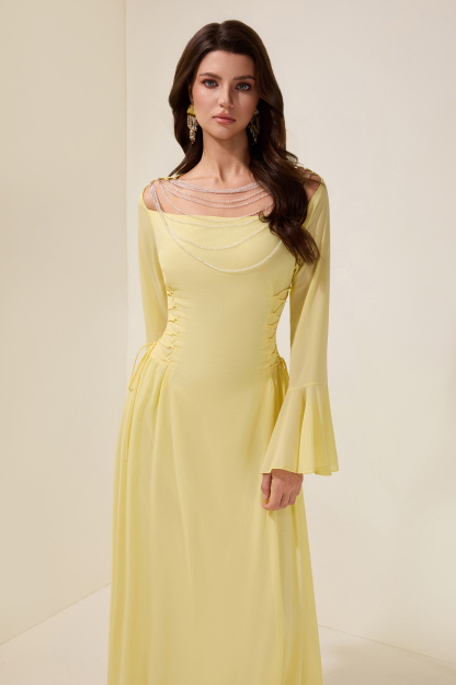 Chiffon Beaded Tie-up Frill Maxi Dress