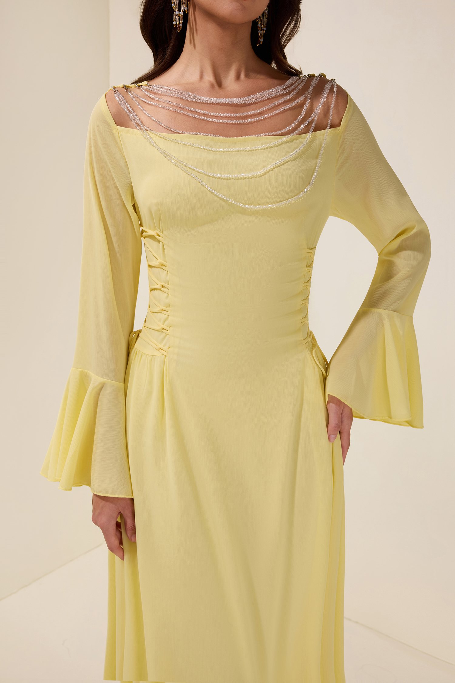 Chiffon Beaded Tie-up Frill Maxi Dress – JardinVue