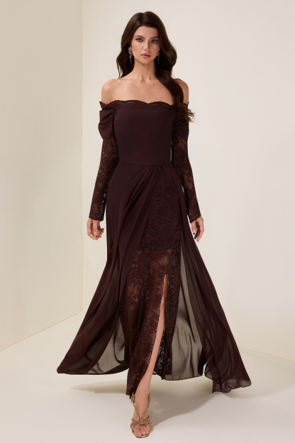 Lace Splicing Chiffon Off Shoulder Maxi Dress – JardinVue
