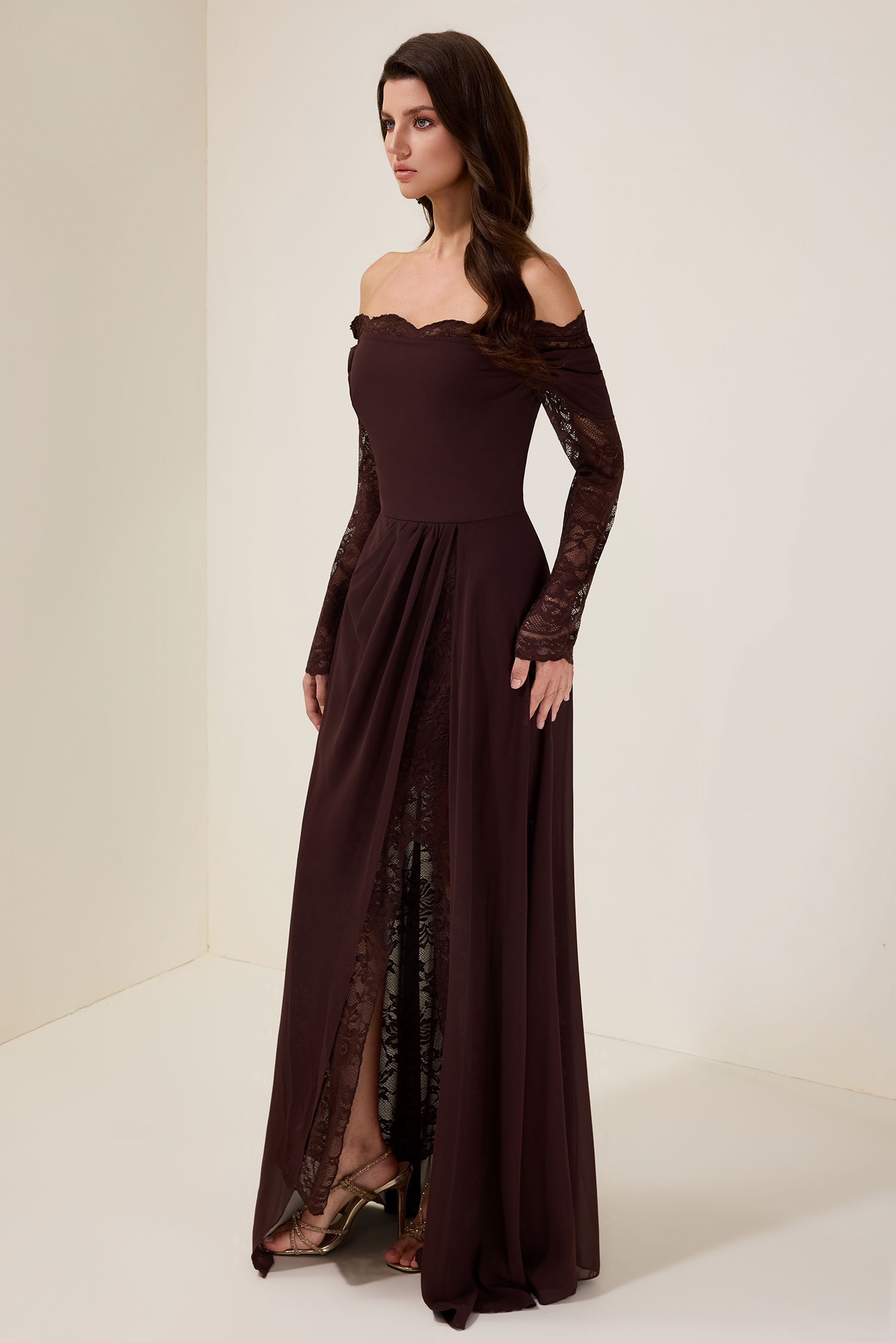 Lace Splicing Chiffon Off Shoulder Maxi Dress