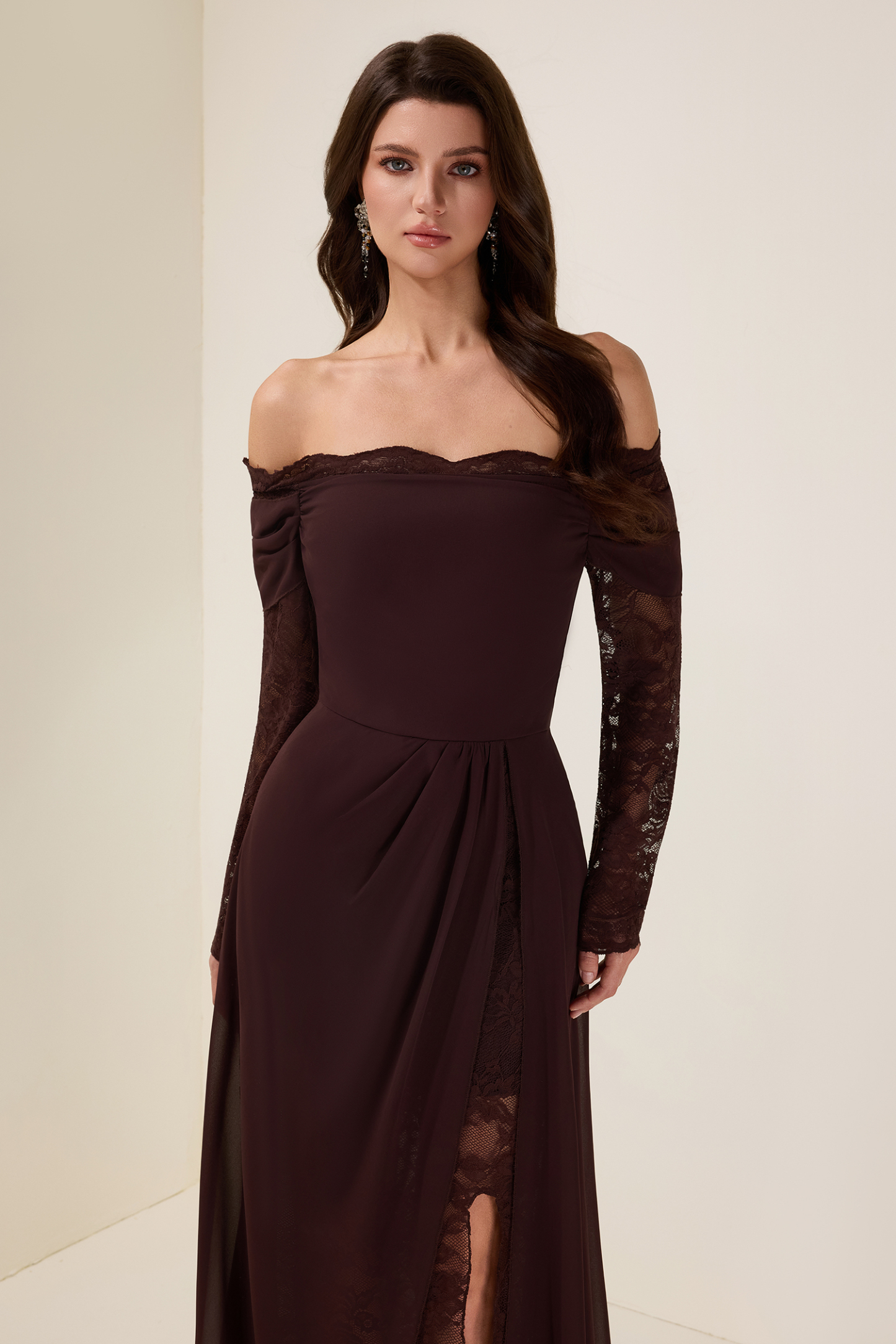 Lace Splicing Chiffon Off Shoulder Maxi Dress – JardinVue