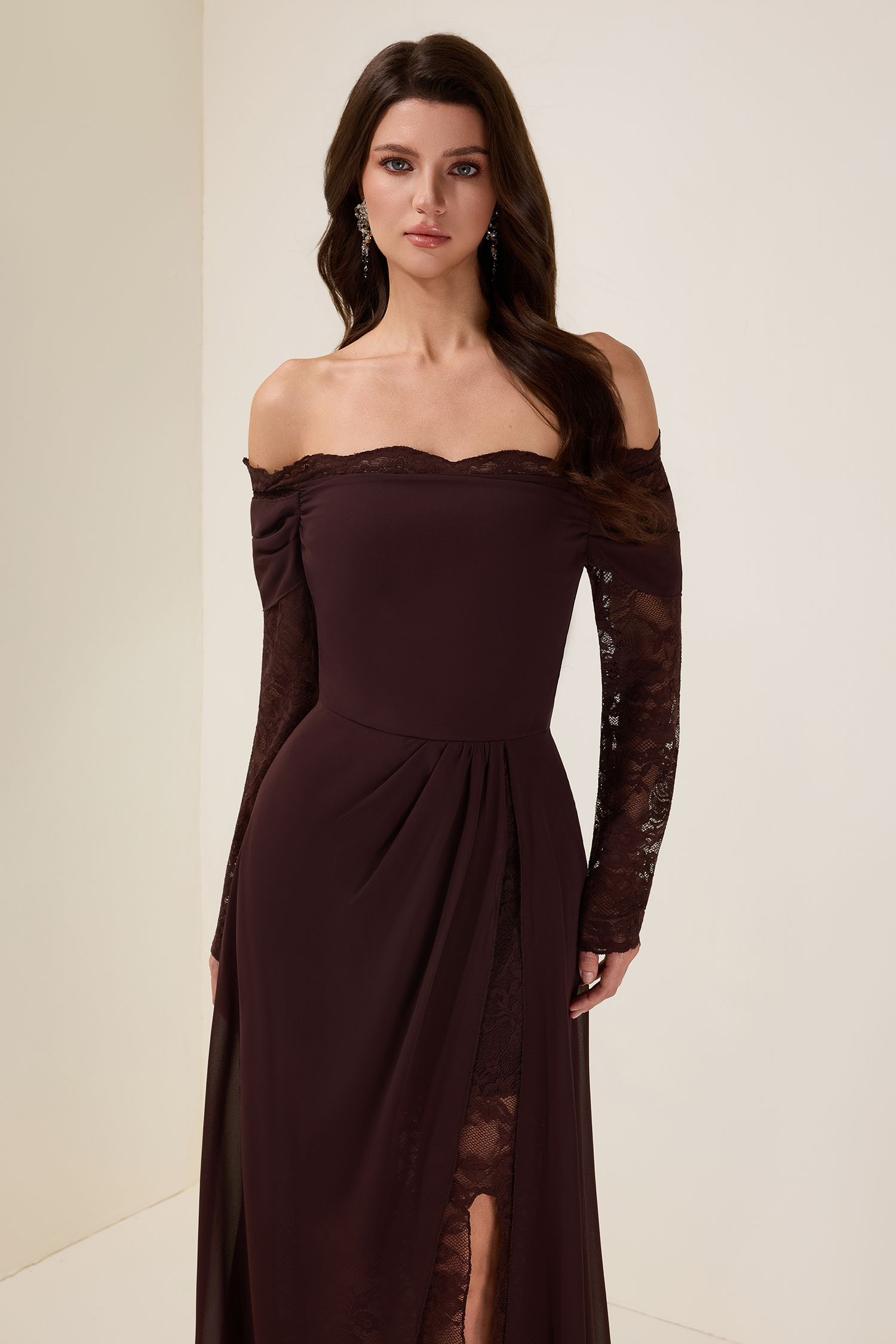 Lace Splicing Chiffon Off Shoulder Maxi Dress