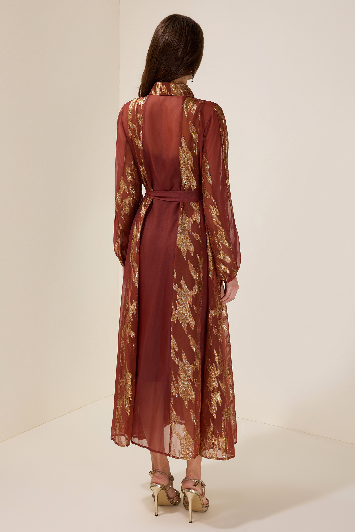 Chiffon Gold Foil Stamping Metal Single Breasted Midi Dress With Belt