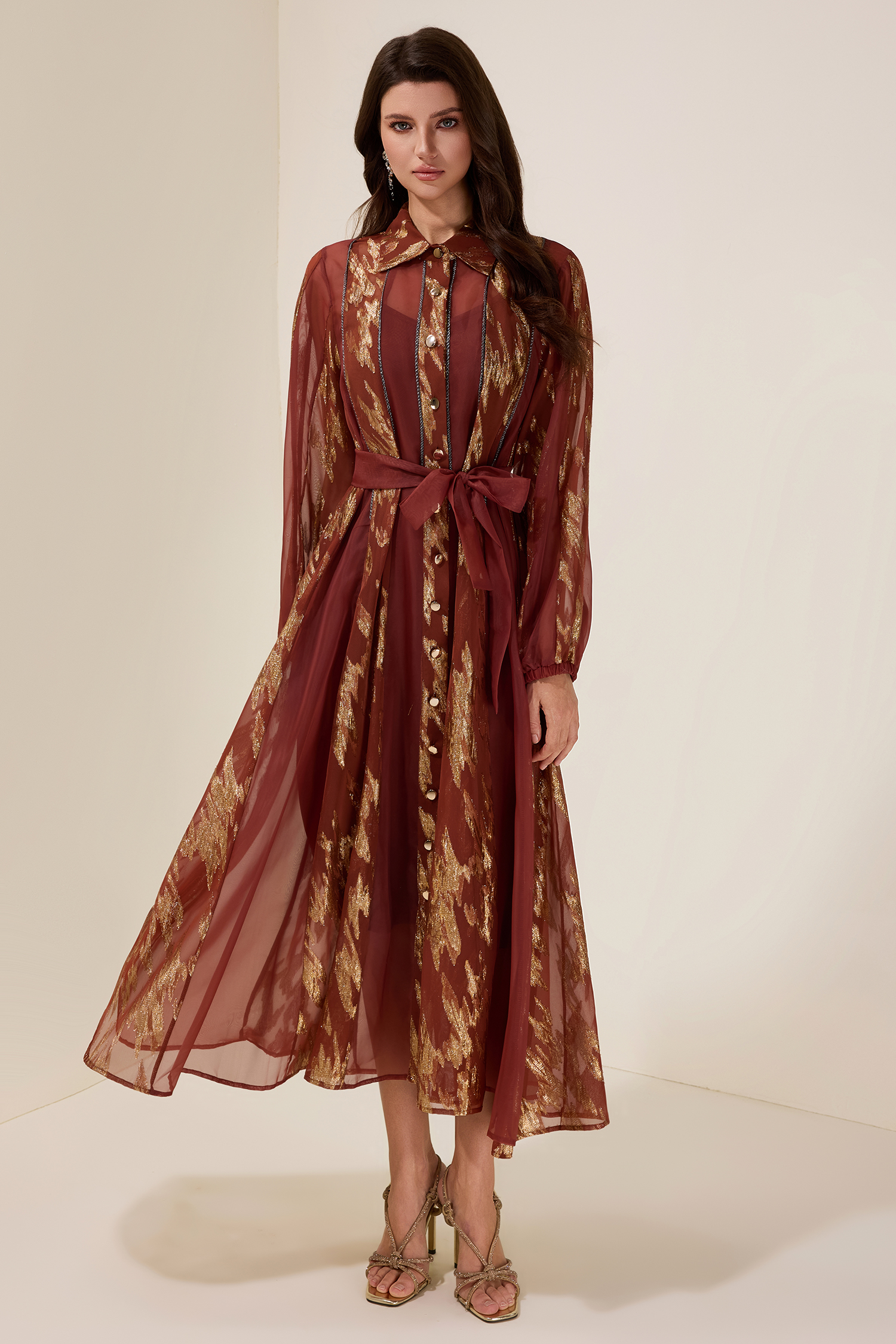 Chiffon Gold Foil Stamping Metal Single Breasted Midi Dress With Belt